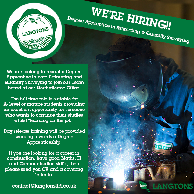 Degree Apprentice Estimator &amp; Quantity Surveyor

Langtons (Northallerton) Ltd

Please send your CV and a covering letter to contact@langtonsltd.co.uk

#jobopportunity #jointhegroup #workandlearn #steel #degree #Northallerton #Northumbria #loveconstruction