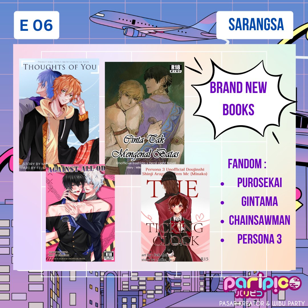 Mika_fa1212's tweet photo. RT really appreciated!! 😇👏👏👏
FeliMika Books we will be visiting Jogja for i Paripico ( E06 - Sarangsa) For both days!
#paripico #comicmarket #doujinshi #catalogue #projectsekai #proseka #prsk #genshinimpact #honkaistarrail #pompom #akrnights #sonicthehedgehog #gintama https://t.co/TMcg5HO3fp