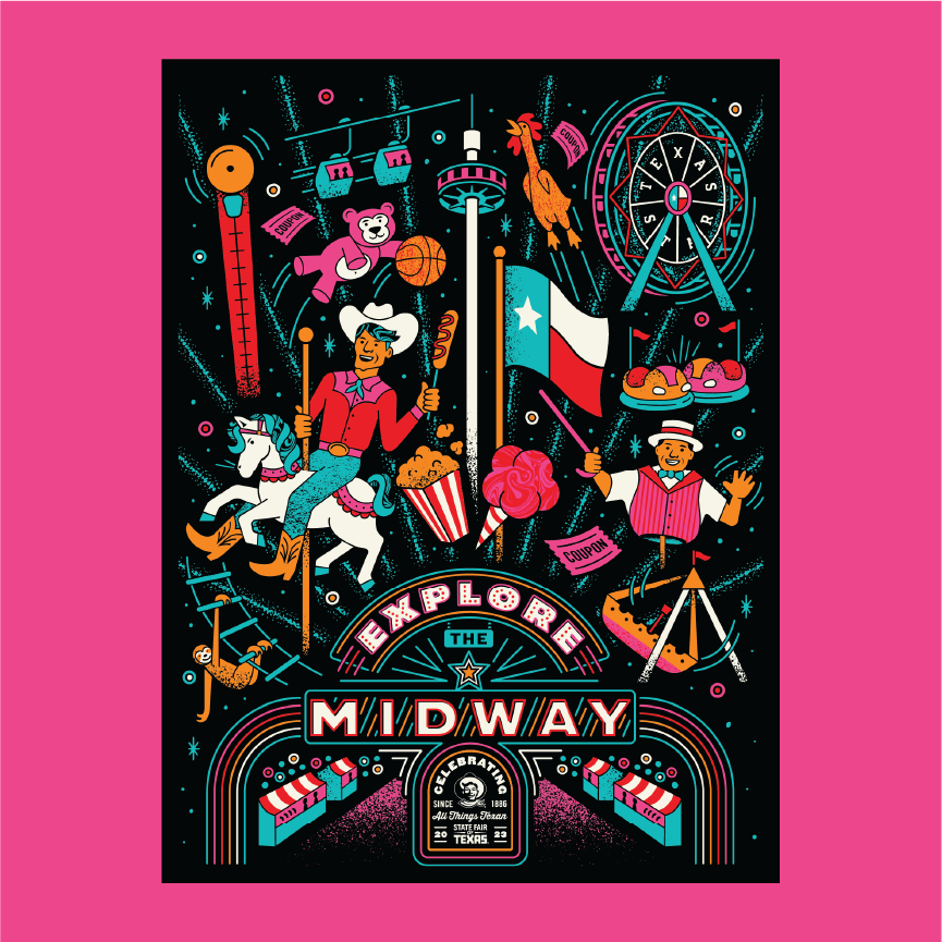 Your 2023 theme is... EXPLORE THE MIDWAY! 🎡✨ Inspired by several iconic State Fair of Texas elements, this year's commemorative theme art highlights some of our fairgoers’ favorite ways to “Explore the Midway!” 

Learn more about the theme and art here: loom.ly/tHVtHP8