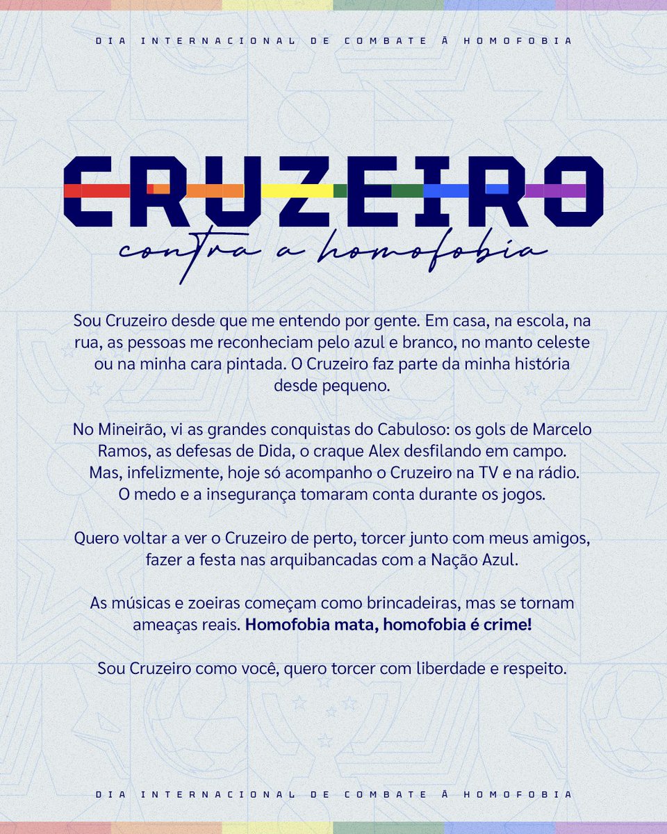Cruzeiro's tweet photo. O Cruzeiro é um time de todos. 

#DiaInternacionalDeCombateÀHomofobia #CruzeiroContraAHomofobia https://t.co/1dzsn9MfiR