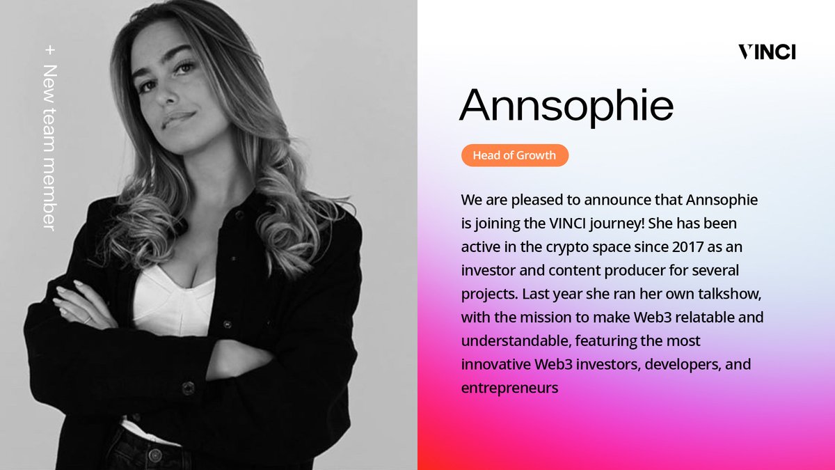 byvinci_io's tweet photo. 🌟 We are pleased to announce that @thisisannsophie is joining the $VINCI family. With her extensive experience as an investor, content producer, and marketing expert, Annsophie will undoubtedly be a valuable asset to our team. https://t.co/X57H8KMcJ3