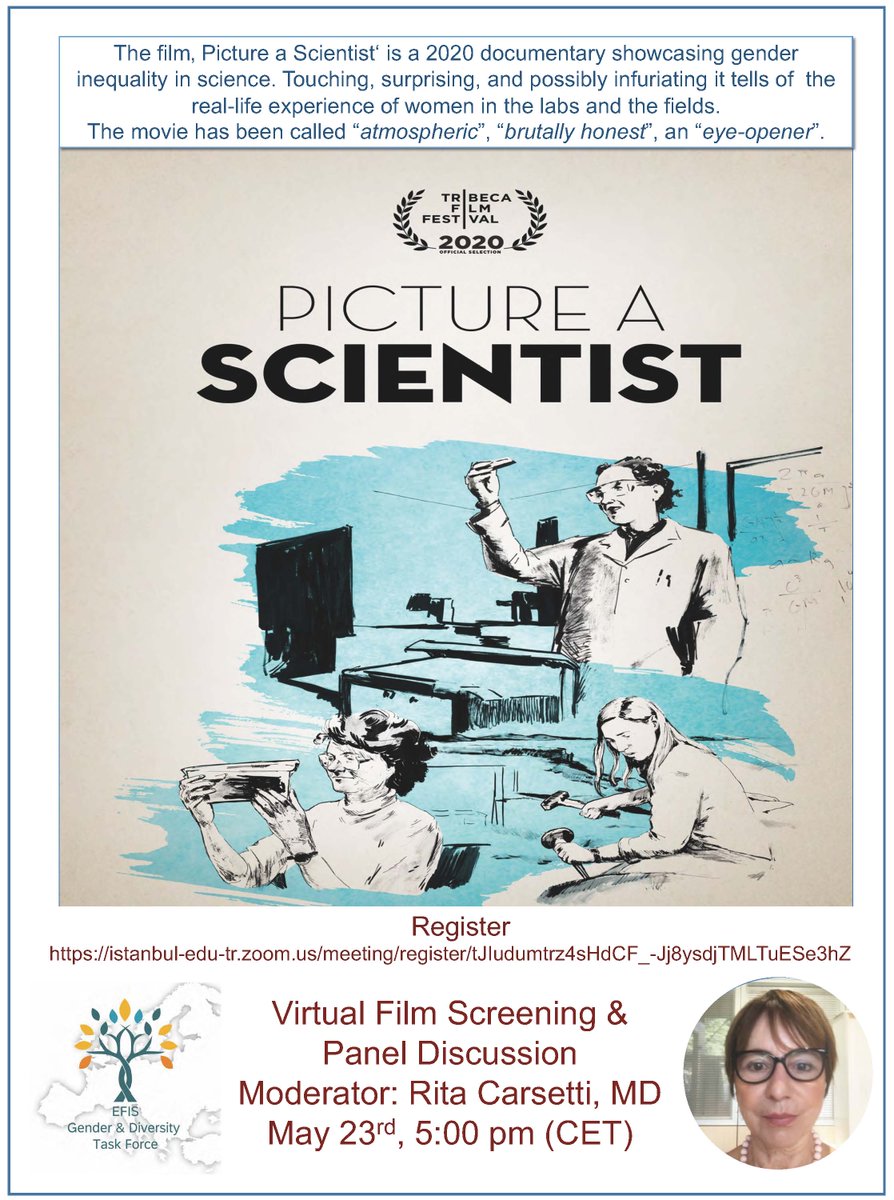 It´s European Diversity Month! Join the @EFIS_Immunology Taskforce 'Gender and Equality' online on May 23 at 5:00 pm to watch the film 'Picture a Scientist' 📽️. 👉Register here: bit.ly/3MyRMxn