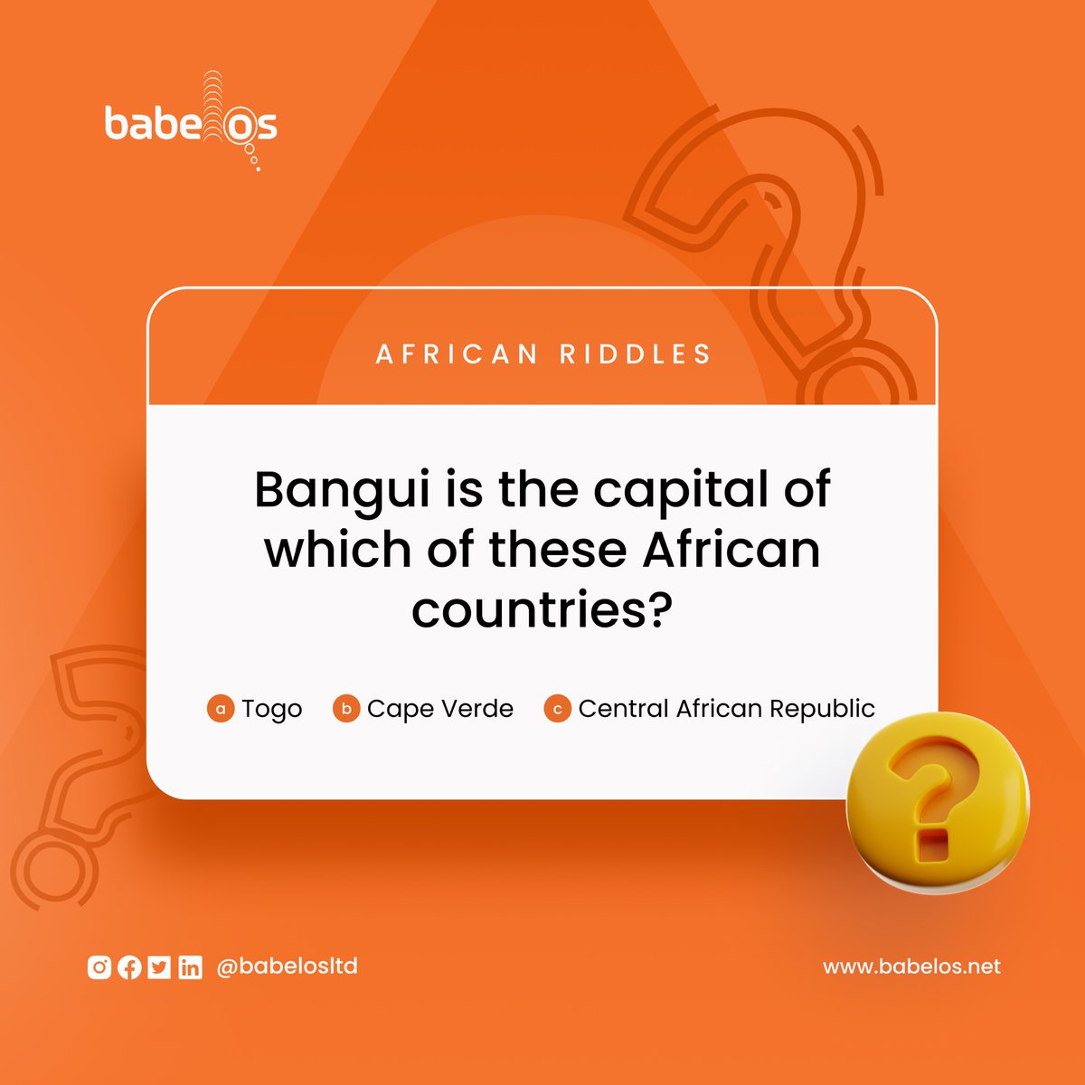 Babelos's tweet photo. Can you guess the answer? Comment below👇
#babelos #babelosltd #languagesoftwareprovider #translationcompany #africancountries https://t.co/nLOClXbsrX