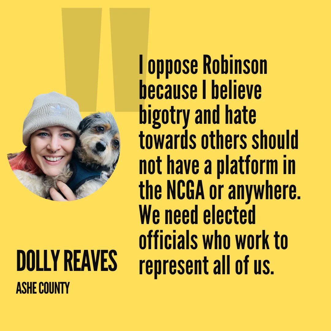 Dolly from Ashe County is commited to defeating extremist Mark Robinson. His hate and division isn't right for North Carolina. 

Make your commitment here: dhnc.info/Commit2DefeatR… 

#WrongRobinson
#ExtremeRobinson
#RobinsonWrong4NC
#BadMark
#SayNoToMark