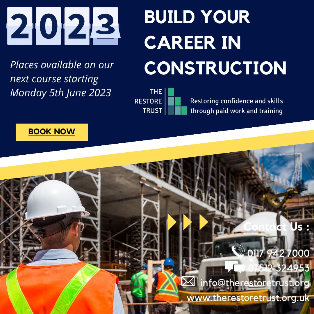 TheRestoreTrust's tweet photo. Book your place!  Starting 5th June 2023

This course has a fully funded CSCS test and card, with a guaranteed interview! 

Give us a call or message us on the below contact details to find out more

#therestoretrust #bristoljobs #construction https://t.co/nFmgasvH3U