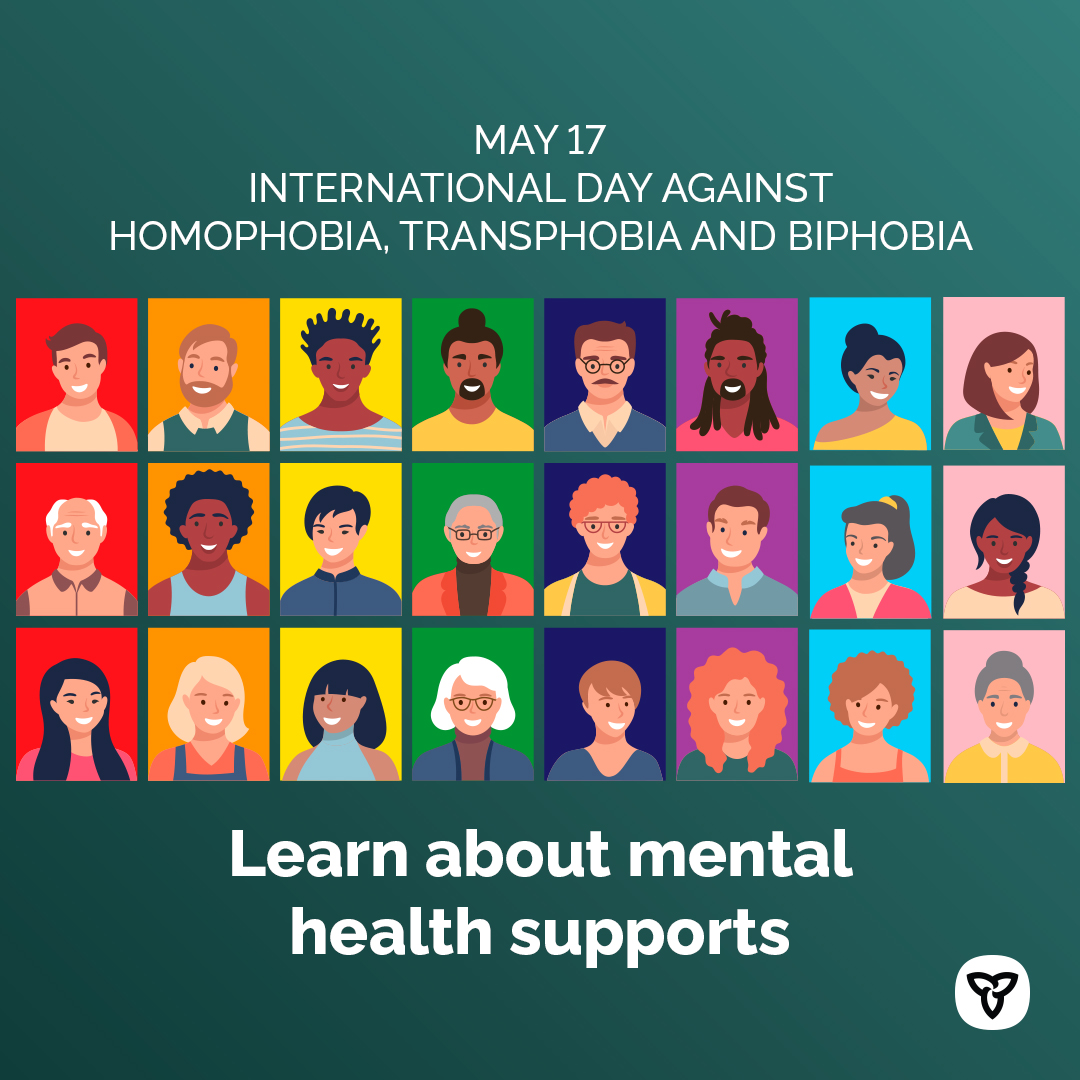 ONThealth's tweet photo. Today is International Day Against Homophobia, Transphobia and Biphobia.

#2SLGBTQ+ individuals face higher risks for some #MentalHealth issues due to the effects of discrimination and the social determinants of health.

Support is available: https://t.co/VQBbbEvtTc #IDAHOBIT https://t.co/N5h1cxPeG4