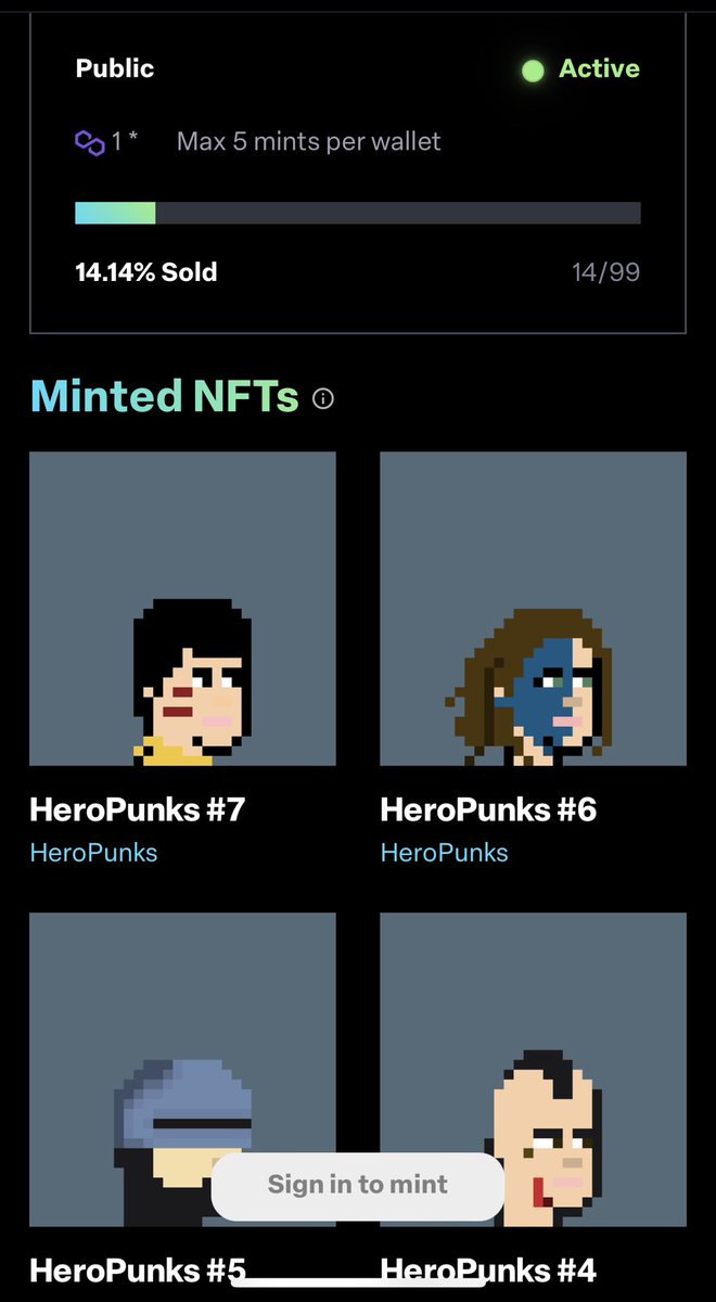 HeroPunks's tweet image. Heropunks active #NFTCommunity ✅

Mint price : 1 Matic

 Mint : launchmynft.io/collections/0x…

#NFT #NFTdrop #opensea