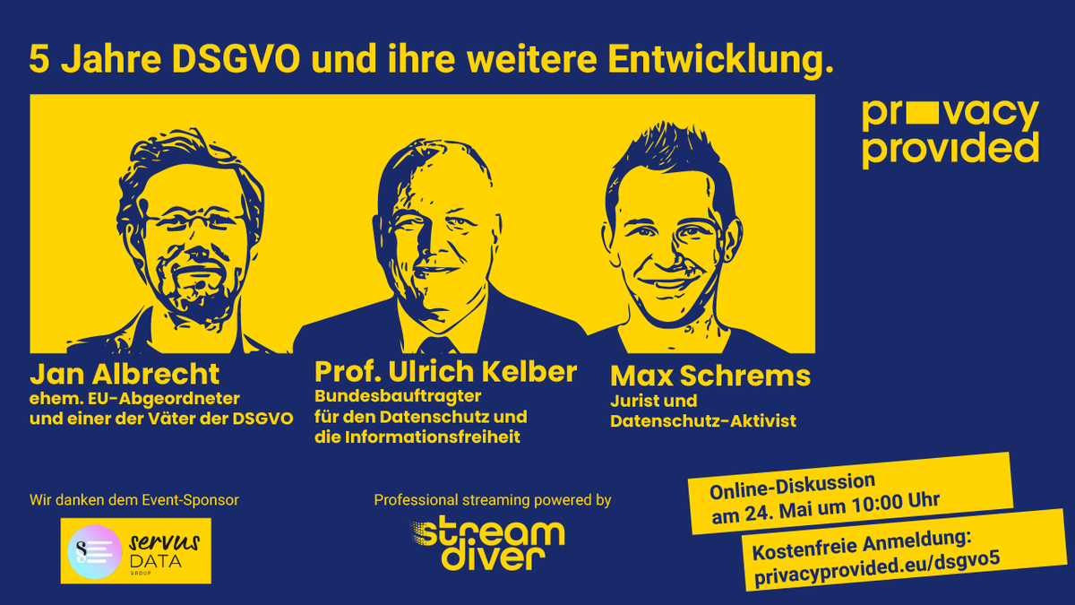 privacyprovided's tweet photo. 5 Jahre DSGVO. Was ist erreicht und was noch nicht? Warum denken wir, dass die DSGVO künftig verstärkt auch durchgesetzt wird. Wir haben gesprochen mit den Ulrich Kelber, @maxschrems  und @JanAlbrecht WEBINAR: https://t.co/NfdCH8INi0 https://t.co/Cdqyw7dosf