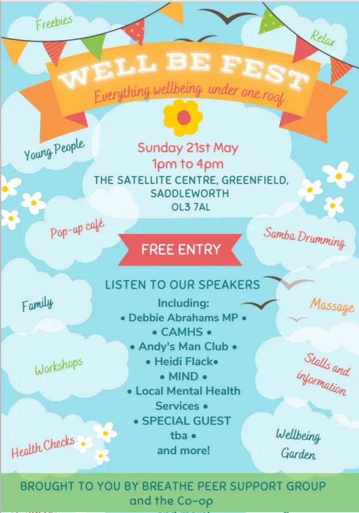 This Sunday: Well Be Fest.
We have many amazing speakers <a href="/Debbie_abrahams/">Debbie Abrahams</a>, <a href="/andysmanclubuk/">#ANDYSMANCLUB</a>, CAMHS and our special guest <a href="/3dadswalking/">3DadsWalking</a>
There's also many stalls with information, well being products, workshops &amp; cafe. Come &amp; join in the conversation or just have a browse.