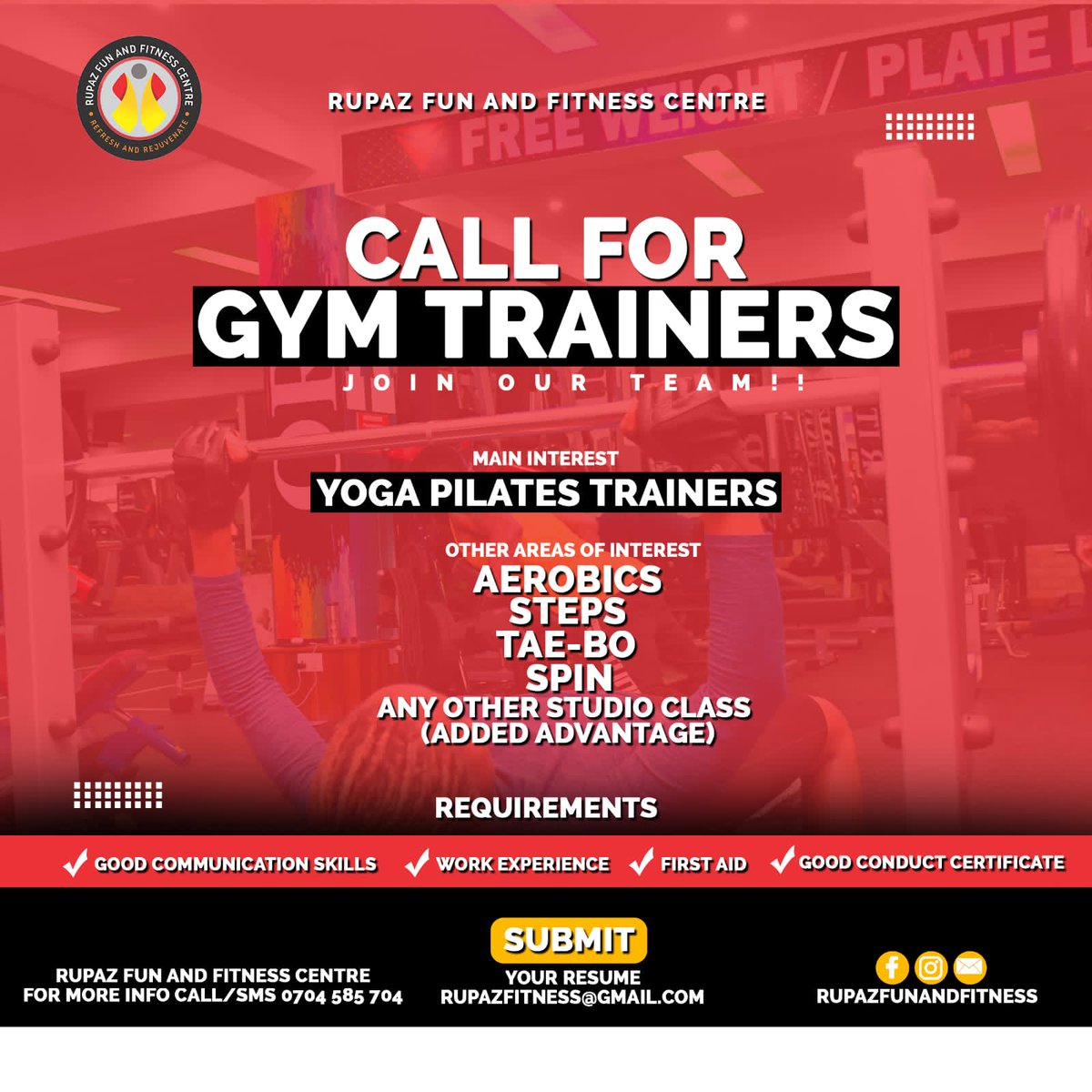 An opportunity to work in one of the best fitness facilities in the country... we are hiring

See poster for details 

#ikokazike #jobs #fitnessjobs #jobads #Eldoret #Kenya