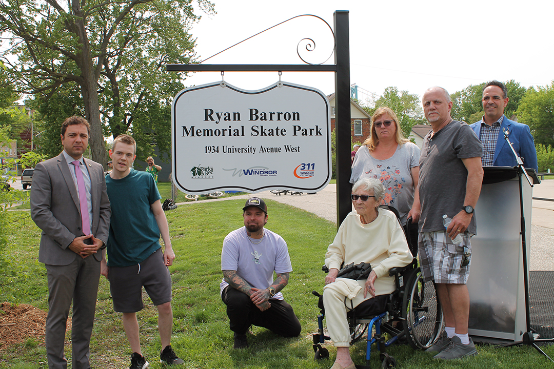 CityWindsorON's tweet photo. The skate park in Atkinson Park has been officially named the Ryan Barron Memorial Skate Park. Ward 2 Councillor Fabio Costante welcomed members of the Barron family and friends at a dedication ceremony and sign unveiling this week. Learn more here: https://t.co/TIH9joJo5m #YQG https://t.co/56dPKjuwS4