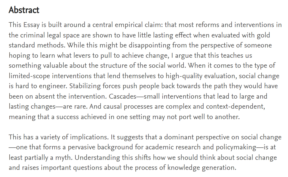 Wanted to share my 🚨New Essay🚨.
It’s built around a central empirical claim: that most reforms and interventions in the criminal legal space are shown to have little lasting impact when evaluated via gold standard methods. 1/

papers.ssrn.com/sol3/papers.cf…