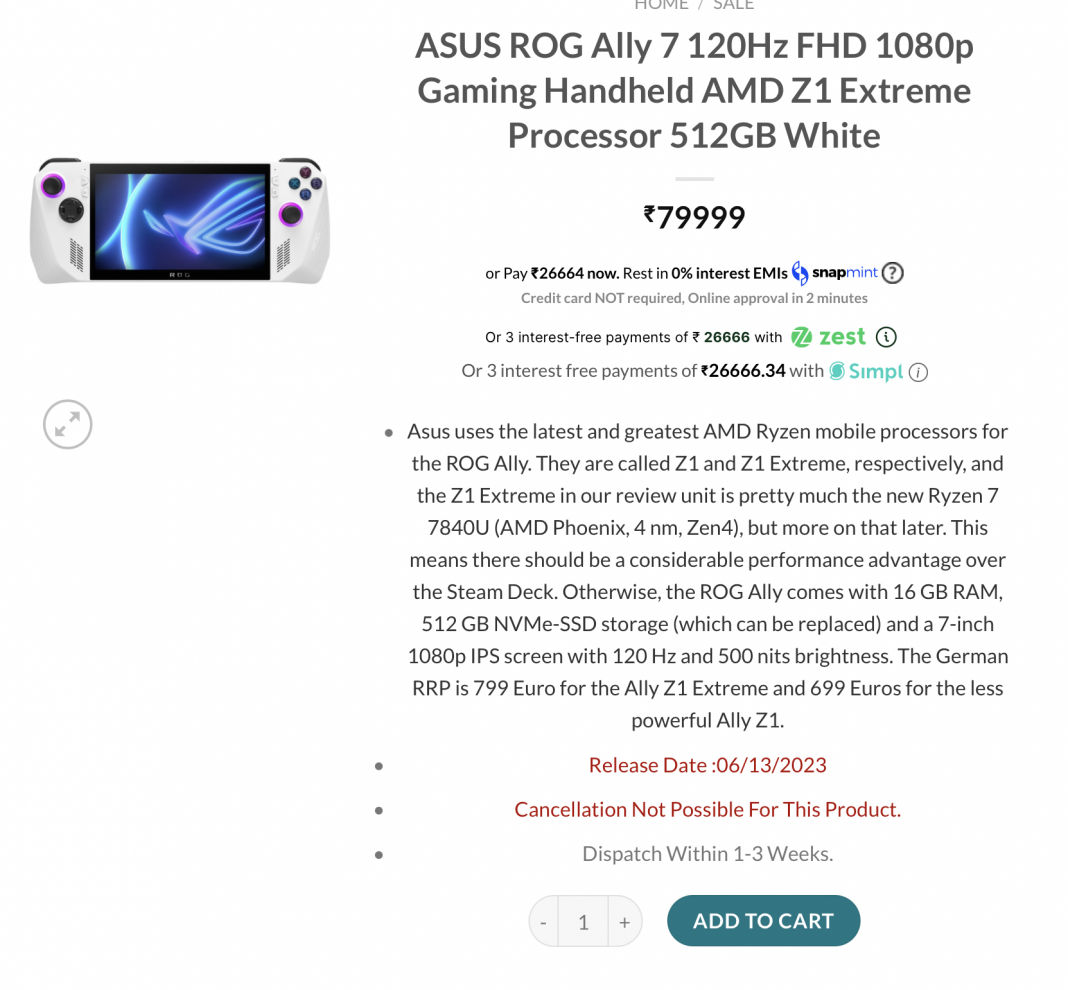 ASUS ROG Ally 7 120Hz Gaming Handheld - AMD Z1 Extreme Processor