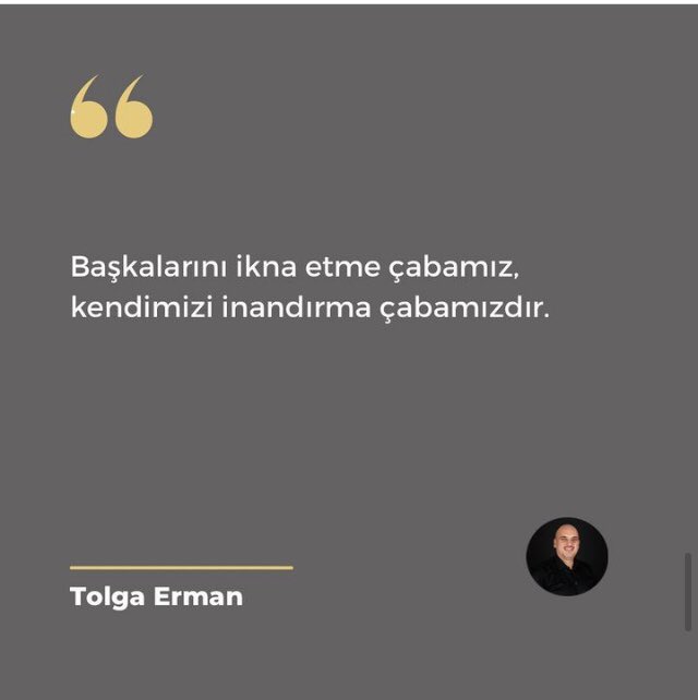 Başkalarını ikna etme çabamız, kendimizi inandırma çabamızdır.

#kişiselgelişim #hayat #tolgaermanofficial #sözler
#kendinitanımak #farkındalık #hayat #keyfiminkahyaları #danışman #kariyer #mentor #podcast #beyazyakalınınanlamarayışı
#tolgaerman