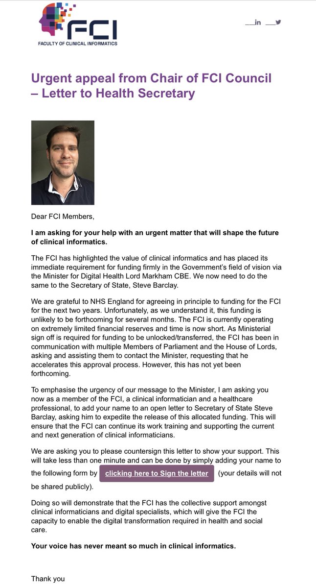 Sam Shah (@healthyopinion) on Twitter photo Very important letter from <a href="/MarkBaileyCI/">Mark Bailey</a> .<a href="/ukfci/">REMAS</a>. Future of #clinicalinformatics at a critical junction. Members are encouraged to support this letter to .<a href="/DHSCgovuk/">Department of Health and Social Care</a> which has significant implications for #digitalhealth
Sign here:
fci.org.uk/menu2/letter-t…
#healthtech #NHS #ccio Very important letter from <a href="/MarkBaileyCI/">Mark Bailey</a> .<a href="/ukfci/">REMAS</a>. Future of #clinicalinformatics at a critical junction. Members are encouraged to support this letter to .<a href="/DHSCgovuk/">Department of Health and Social Care</a> which has significant implications for #digitalhealth
Sign here:
fci.org.uk/menu2/letter-t…
#healthtech #NHS #ccio