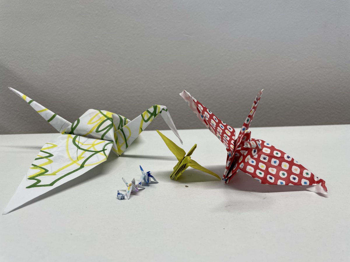 NWSLibrary's tweet photo. Our Year 7 @CarnegieMedals Shadowers Club have made a HUGE effort at making some beautiful origami cranes inspired by @katyabalen's #TheLightInEverything ranging from large to very, very tiny! https://t.co/R9aF7mno3F