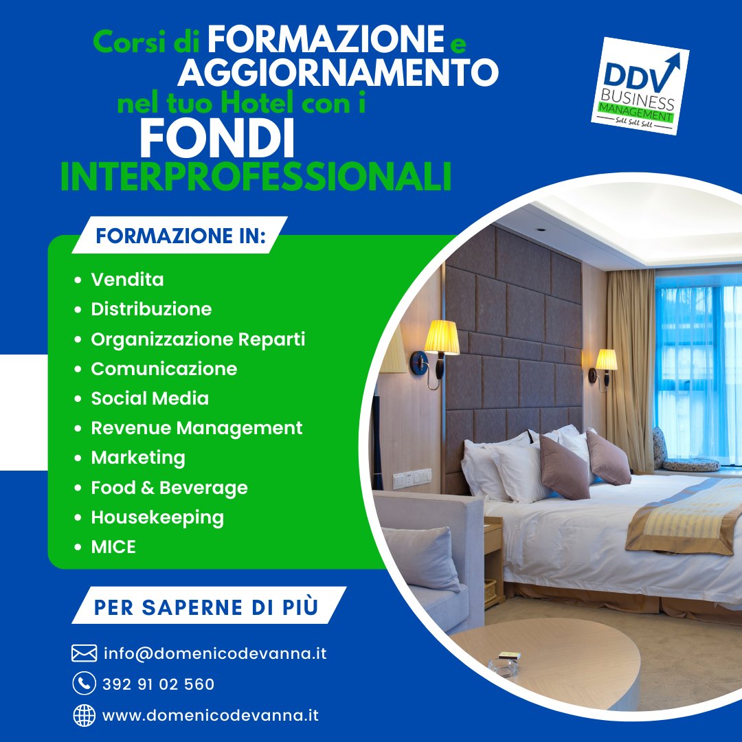 DdvHotel's tweet image. I FONDI INTERPROFESSIONALI AL SERVIZIO DEL TUO BUSINESS!
Hai la possibilità di accedere GRATUITAMENTE alla Formazione in #Hotel targata DDV per te e per I tuoi collaboratori.
Per saperne di più domenicodevanna.it/it/servizi/for…
_
info@domenicodevanna.it
392 910 2560

#DDVHotelManagement