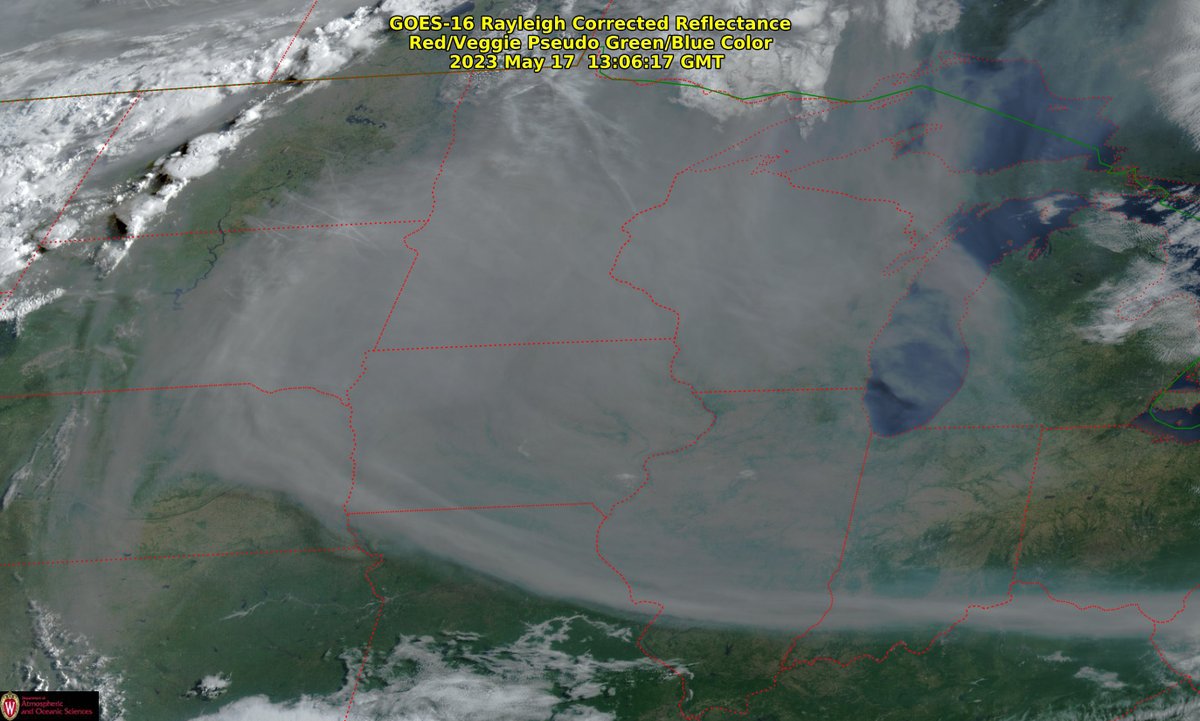 Smoke continues to shroud the Midwest. Get #GOESEast updates of this scene via the @UW_AOS Rayleigh Corrected Color RGB at dustdevil.aos.wisc.edu/goes16/grb/rgb… #SDwx #NEwx #MNwx #IAwx #WIwx #ILwx