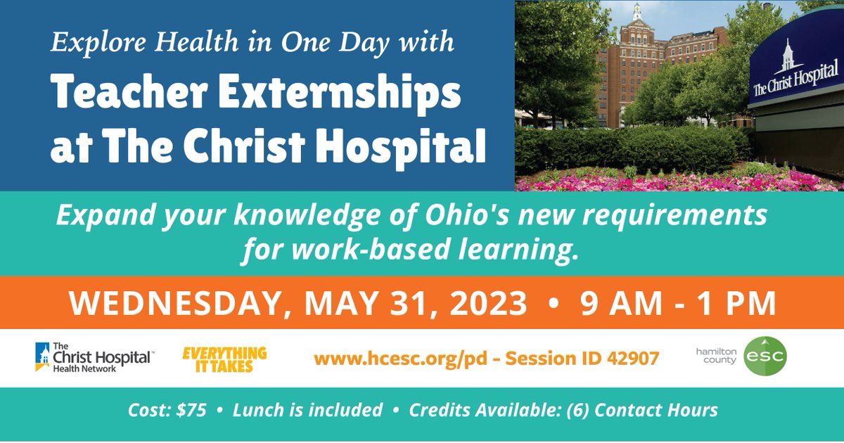 HamiltonCoESC's tweet image. 📣 Calling all educators! 🍎 Join us for an incredible Teacher Externship Opportunity at @ChristHospital 🩺 Explore the latest healthcare trends &amp;amp; advancements while learning from industry experts. Don't miss out! Register ➡️ bit.ly/3o3uWEO #HealthcareEducation