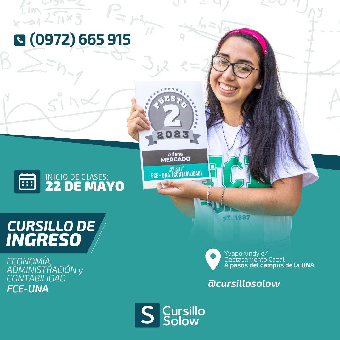 ¡COMENZÁ CON TODO! 🚀
¡Ingresá a Economía, Administración o Contaduría en la UNA! 📈📚

✅ Modalidad presencial o virtual ¡Lo elegís vos!
Te ofrecemos:
🔸 Clases personalizadas
🔸 Materiales de estudio
🔸 Grabaciones de todas las clases
🔸 Simulacros de exámenes
📲 (0972) 665 915