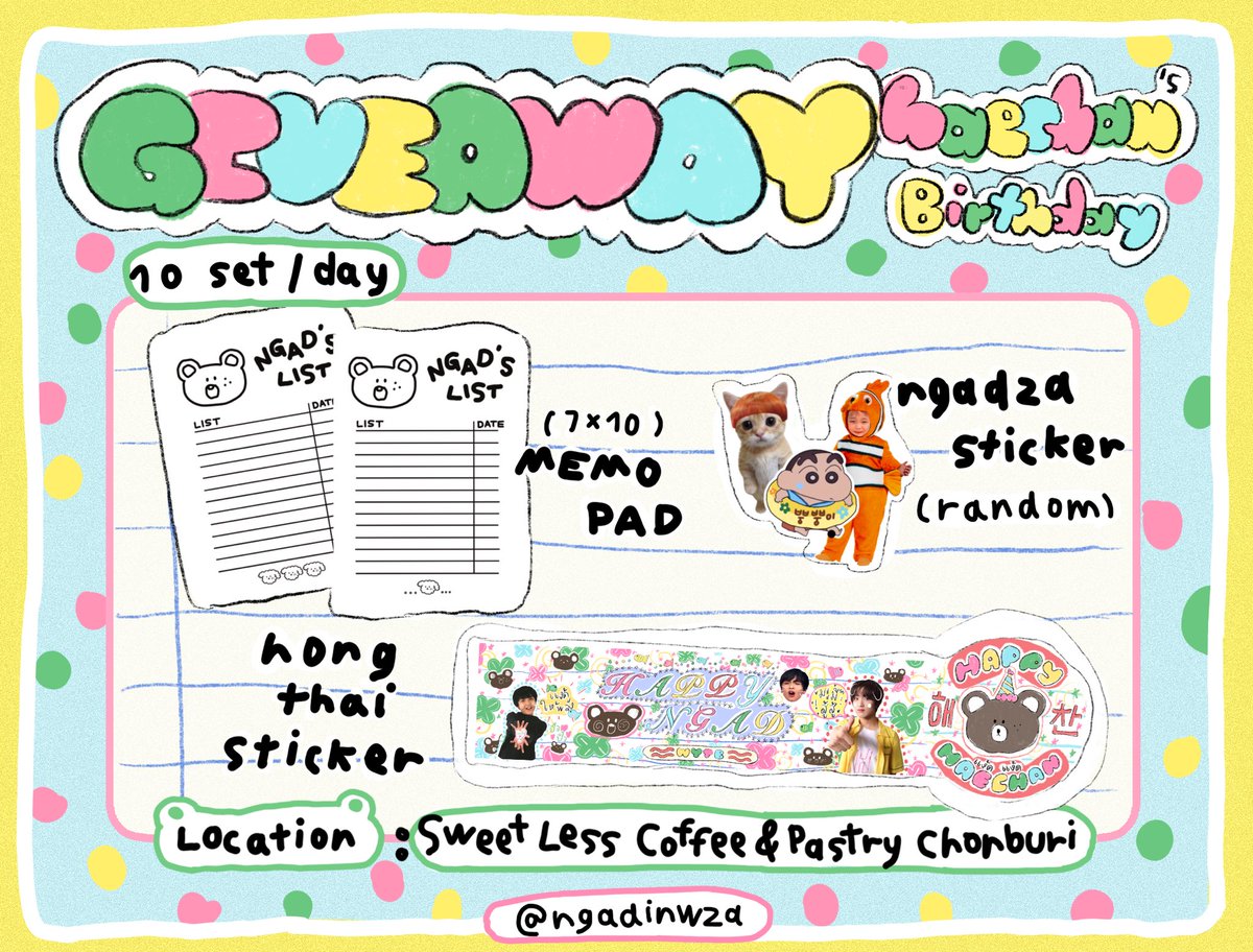 ngadinwza's tweet photo. ( 💘 rt appreciate ^◡^ )

♡ giveaway haechan’s day 🐻🐻𓈒 𓈒 ♡

( including ) ⋆⋆⋆
 🐟 hong thai stickers , memo pad , stickers

˃ᴗ˂  10 set / day !

, 05-06 june 🍎𓂃 
Sweet Less Coffee &amp; Pastry ( Chonburi )

#HAPPYHAECHANDAY #HAECHAN #해찬 https://t.co/Ovp0fFDFzZ