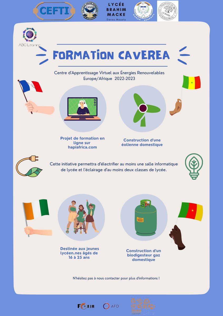 assoABCLearning's tweet image. 📢🌬️ CAVERA 🌱🌍

👥 Nous vous présentons notre projet de formation en ligne pour la construction d&apos;une éolienne domestique et d&apos;un biodigesteur gaz domestique. Cette initiative permettra d&apos;électrifier des salles de lycée.
🎓 Formation destinée aux jeunes âgés de 16 à 25 ans.