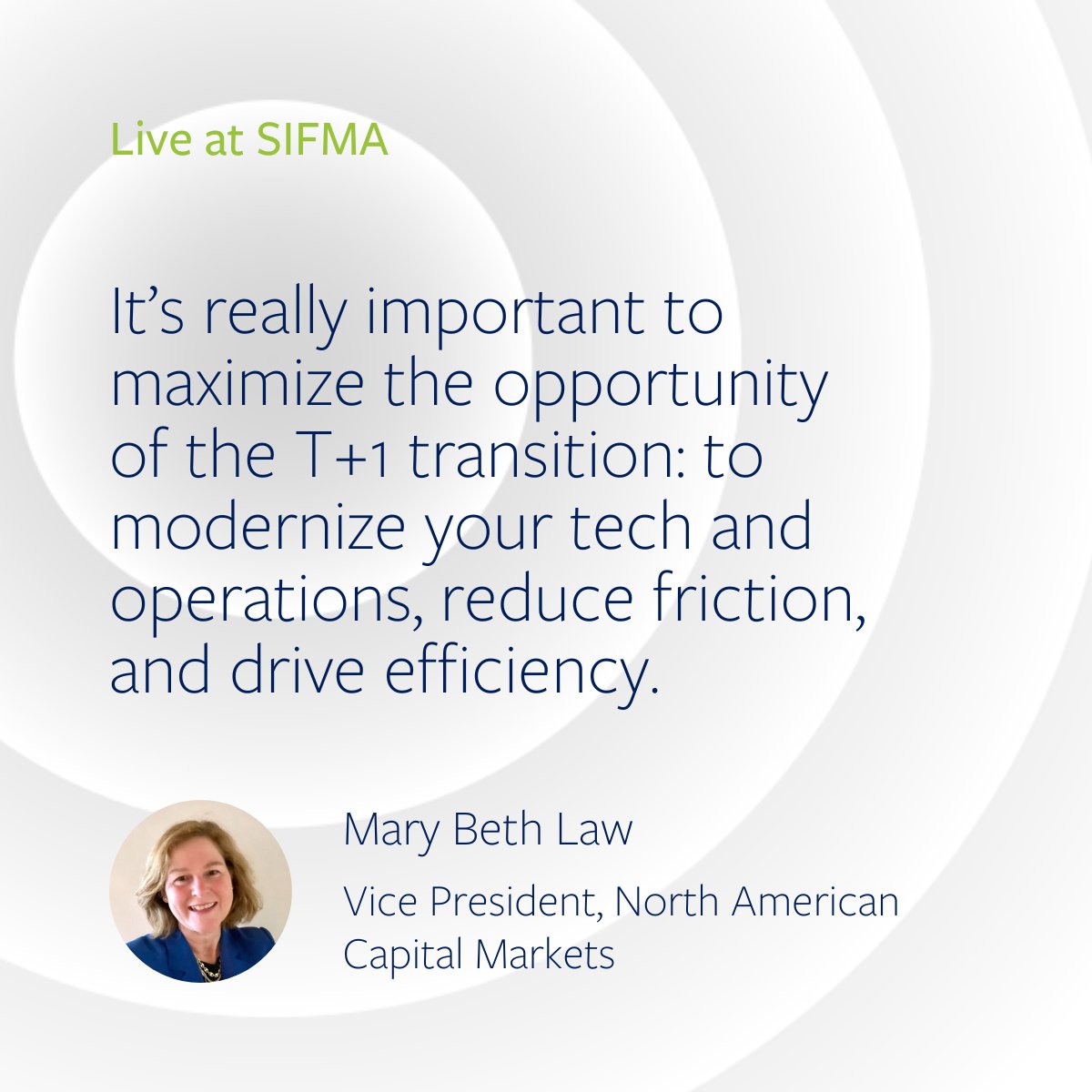 Broadridge's tweet photo. The hot topic this week at @SIFMA Ops = T+1. Our team is here talking about what firms should be prioritizing - stop by our booth before 2pm to discuss how to get the most out of your T+1 journey! #SIFMAOps #T1 #CapitalMarkets https://t.co/fxMxZNaB9v