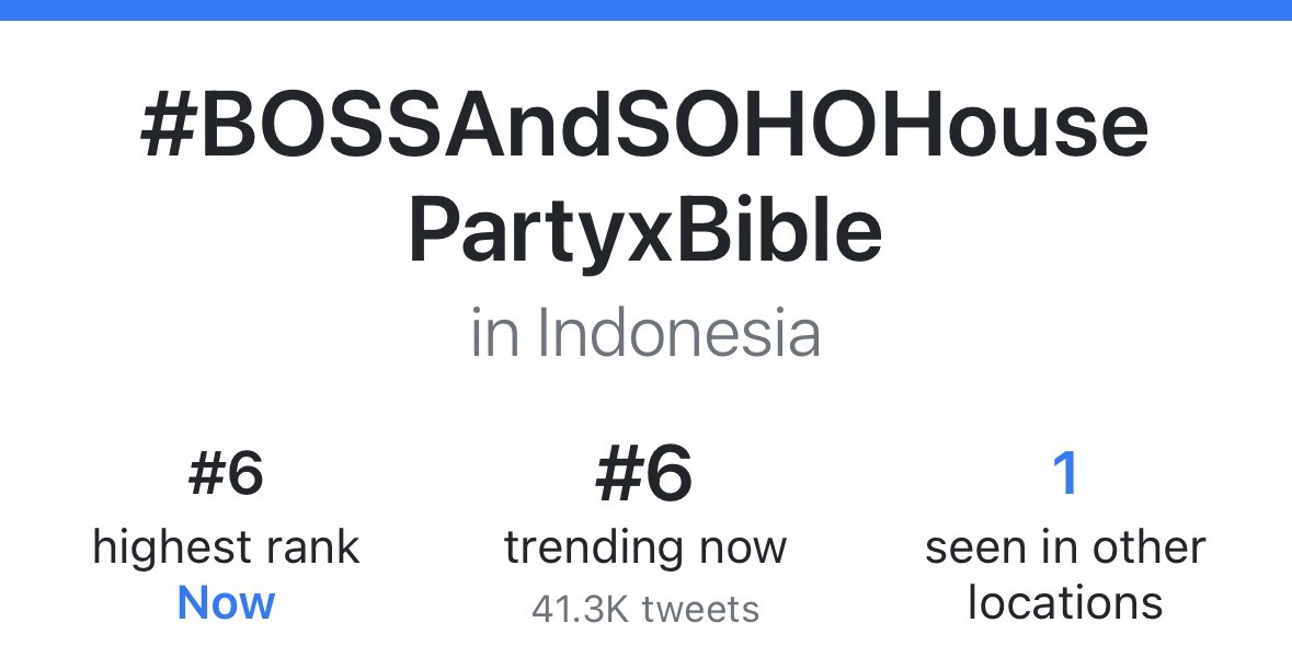 DATA_Bible's tweet image. Update Hashtag (Real-time 20:00น.)
Hashtag: #SOHOHousePartyByBOSSxBible

#1 highest rank
43.0K tweets

#1 Vietnam
#5 Indonesia
________

Hashtag: #BOSSAndSOHOHousePartyxBible

#6 highest rank
41.3K tweets

#6 Indonesia
#50 Thailand 

BIBLE @biblesumett 
#BibleWichapas #bsumone