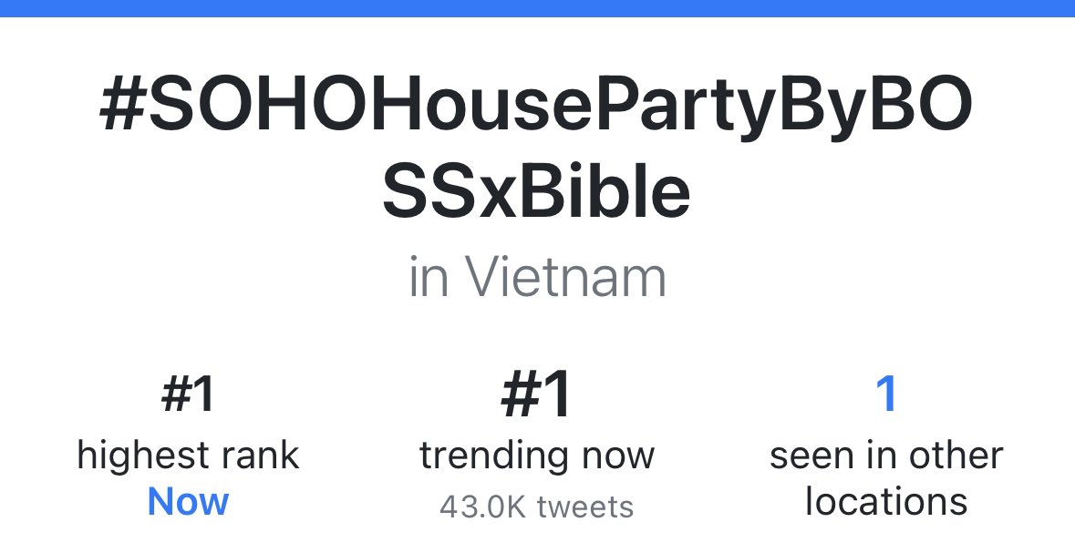 DATA_Bible's tweet image. Update Hashtag (Real-time 20:00น.)
Hashtag: #SOHOHousePartyByBOSSxBible

#1 highest rank
43.0K tweets

#1 Vietnam
#5 Indonesia
________

Hashtag: #BOSSAndSOHOHousePartyxBible

#6 highest rank
41.3K tweets

#6 Indonesia
#50 Thailand 

BIBLE @biblesumett 
#BibleWichapas #bsumone