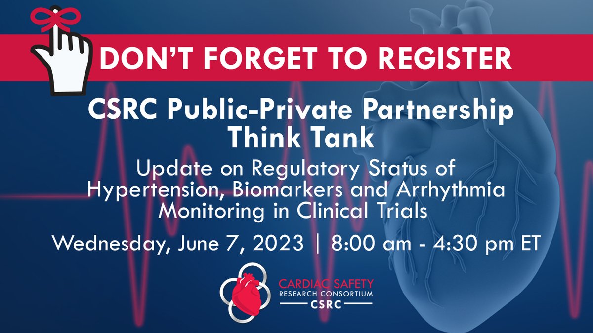 Join us June 7th for the 2023 CSRC #ThinkTank w/ speakers from across the country getting together for updates on #cardiachealth in clinical trials. Some institutions attending include @Stanford, @PennMedicine, @UCSF & more.➡️ bit.ly/3vC4aDE #CardiacSafety #CardioTwitter