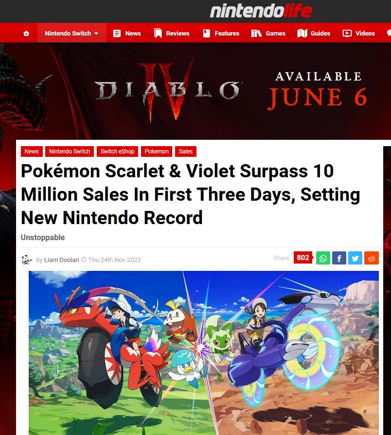 Global Sales of Pokémon Scarlet and Pokémon Violet for Nintendo Switch  Surpass 10 Million in First Three Days