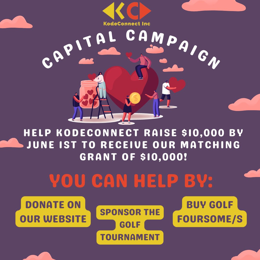 KodeConnect has a HUGE opportunity now -- if we can raise $8,000 more by June 1, we will be matched with a $10,000 grant!   
SPONSOR THE GOLF OUTING HERE: kodeconnect.org/checkout/donat…
DONATE HERE: 
kodeconnect.org/donate