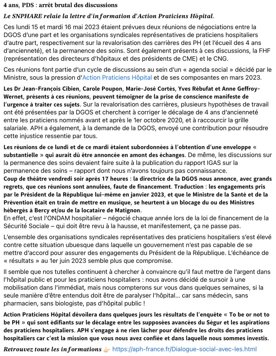 4 ans, PDS : arrêt brutal des discussions

Le SNPHARE relaie la lettre d'information d'@ActionPratHopit 

Un fil 👇👇👇

1/16