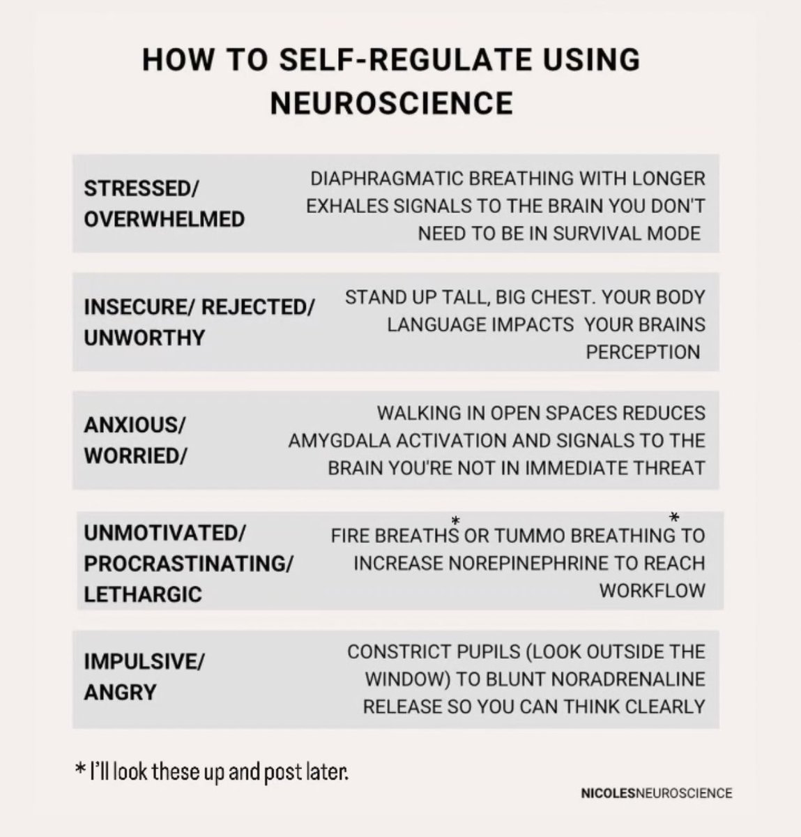 Useful tips for self regulation (not a cure, but good for in the moment if needed)

#emotionalhealth #mentalhealth #depression #anxiety #bpd #adhd #hiddenillness #hsp #autism #trauma #healing #selfregulate #neuroscience #nicholwsneuroscience