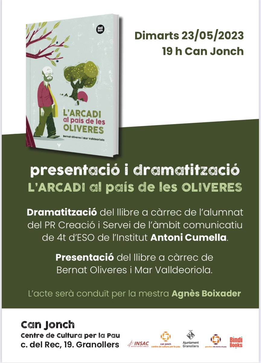 Obriu agendes! Això serà molt bonic ☺️🤗👇🏻
Emocionada que els alumnes de 4rt d’ESO de l’<a href="/INSACumella/">INSAntoniCumella</a> hagin preparat una dramatització de L’Arcadi al país de les oliveres . Quines ganes de veure-la! I compartir la història del llibre amb <a href="/bernatoliveres/">Bernat Oliveres</a> a <a href="/CanJonch/">CanJonch.CC Pau</a> a Granollers.