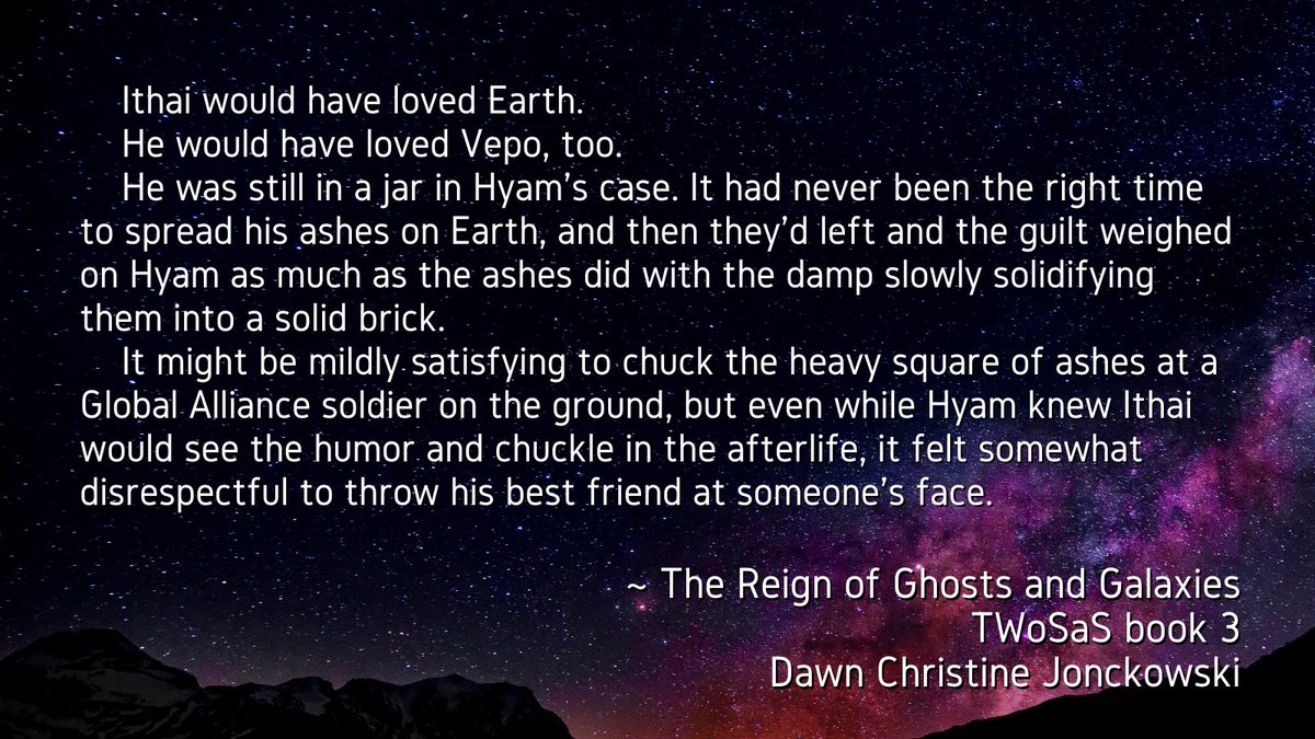 DawnCJonckowski's tweet image. It&apos;s #WIPpetWednesday!
Grief is a luxury few have 𝘁𝗶𝗺𝗲 for in the middle of an intergalactic war, leading to a bit of dark humor. 

#amwriting #TheWeightofStarsandSuns #trilogy #bookthree