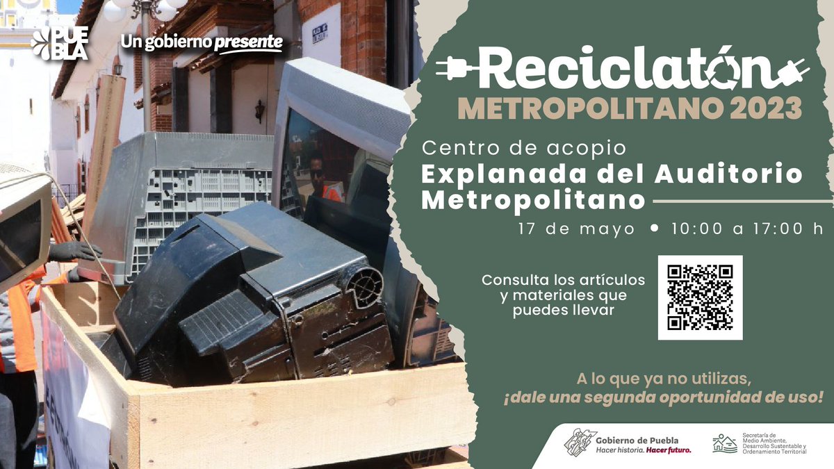 ¡Dale un respiro al planeta 🌎 y participa en el #ReciclatónMetropolitanoPue ♻️!
Acude HOY a la Explanada del Auditorio Metropolitano con: 
Lavadoras, refrigeradores y todos los residuos electrónicos que encuentres en tu casa u oficina
Listado completo🌐: bit.ly/41qLGU