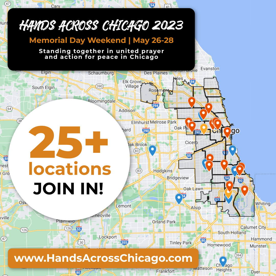 So far there are over 25 LOCATIONS participating in #HandsAcrossChicago on Memorial Day weekend (May 26-28). Where will you join in prayer &amp; action for peace in Chicago?

See map and sign up your location at handsacrosschicago.com

#faithinaction #makepeacehappen #Chicago