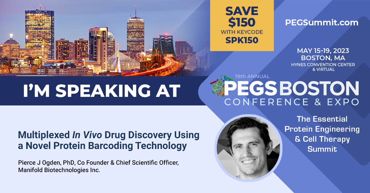 Today @ManifoldBio CSO @PierceOgdenJ will unveil the @ManifoldBio in vivo drug discovery platform at @PEGSBoston. 3:30pm ET in Engineering Antibodies (Ballroom B). High-throughput in vivo discovery combined with ML-guided design will enable next-gen complex biologics.