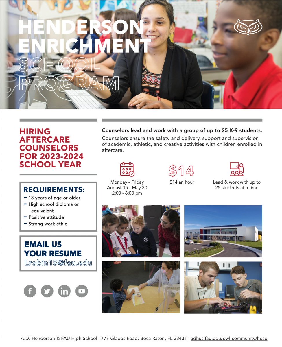 The Henderson Enrichment School Program is hiring aftercare counselors for the 2023-2024 school year! Don't miss out on this opportunity. See the flyer for information on how to apply! #FAUPracticumStudents #Afterschoolprogram <a href="/ADHUS_FAUHS/">ADHUS & FAU HS</a>