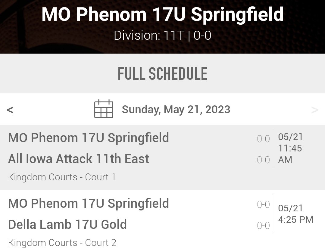 Our schedule for this weekend in Des Moines Iowa as part of #MayMadness! Can't wait to get up there and compete with @MissouriPhenom Spfd Hub!!

@TyrieThomas22
@HammittJulie 
@15HannahGibbons 
@AshtynCallaway 
@thatschmittkid 
@cam_hart11 
@TaylorGreen_11