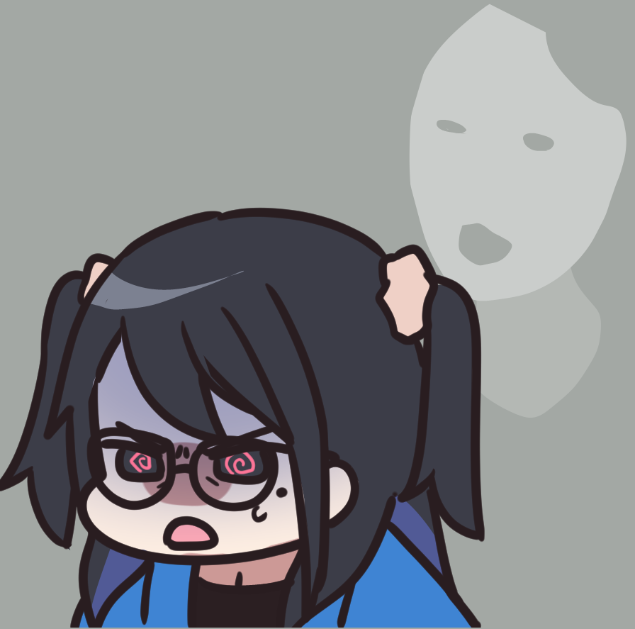 1girl glasses black hair solo open mouth mole under eye grey background  illustration images