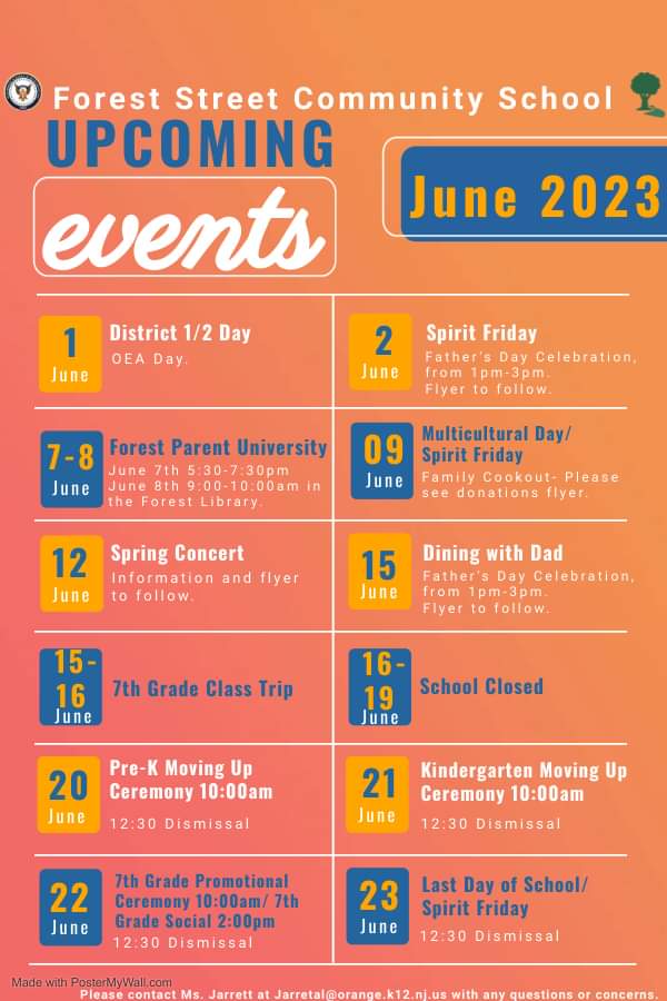 Forest Street Community School has outlined upcoming school events and district closings from June 1 through the last day of school on June 23, 2023. See the flyer for details. #GoodtoGreat #MovingIntoGreatness #OrangeStrong💪🏾