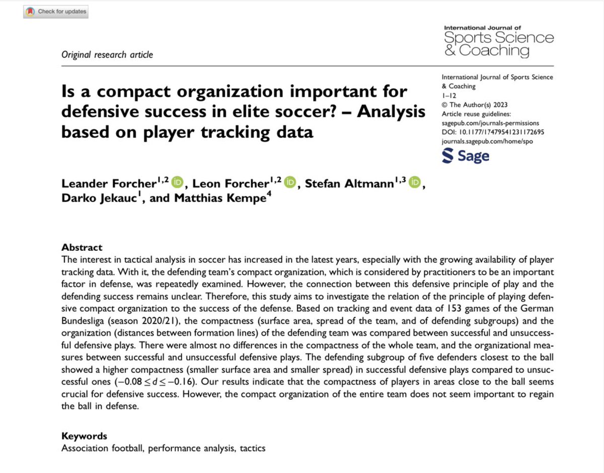 Success Factors In Soccer: 
Defend as One Unit!

• new study published in IJSSC
• compact organization as success factor of defensive play
• large-scale analysis using tracking data of German Bundesliga

doi.org/10.1177/174795…

<a href="/StefanAltmann3/">Stefan Altmann</a> <a href="/ForcherLeon/">Leon Forcher</a> @kempe_matthias