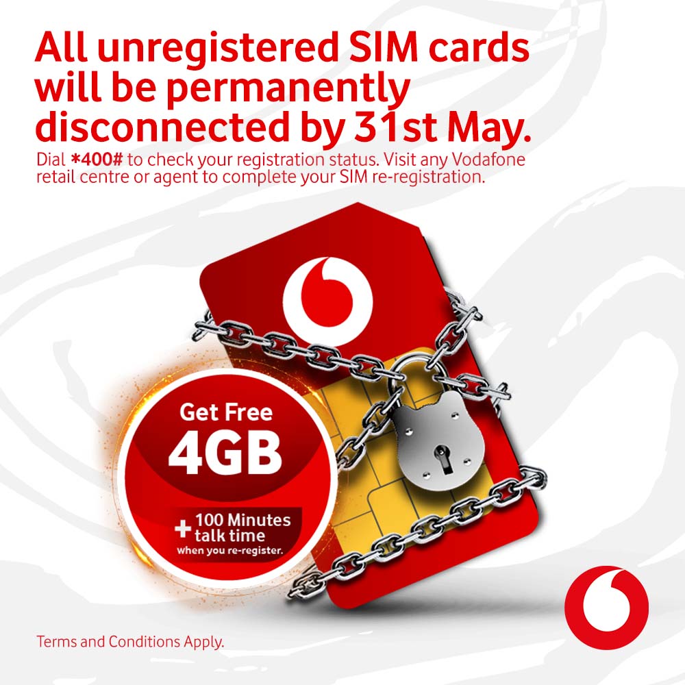 TelecelGhana's tweet image. All SIM cards that are not fully registered by 31st May 2023 will be permanently disconnected. Visit any Vodafone retail centre or agent now to complete your re-registration and get 4GB of free data plus 100 minutes of talk time.

#vodafoneghana #simcardregistration