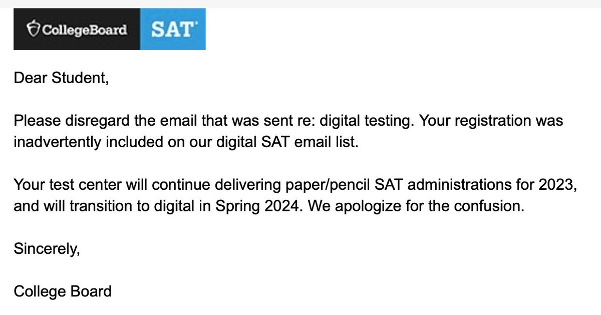 U.S. Students: If you received an email regarding accommodations for the June 'Digital SAT,' check your email-you should have received this follow-up indicating that it was sent in error. The digital SAT arrives on our shores in March of 2024. #digitalSAT #NotYet #AllGood