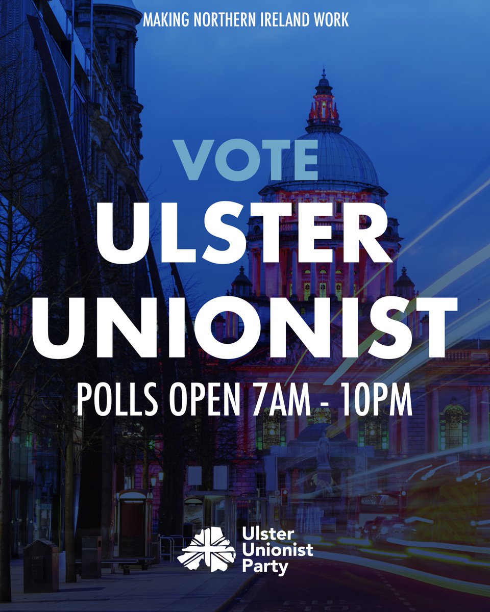 🚨POLLS OPEN 🚨 Today, you have the chance to elect local councillors who represent you on the issues that matter most. ✅Remember to bring your ID to vote ⏰Polls Open 7am-10pm 🗳Vote Ulster Unionist for a Northern Ireland that works for everyone.