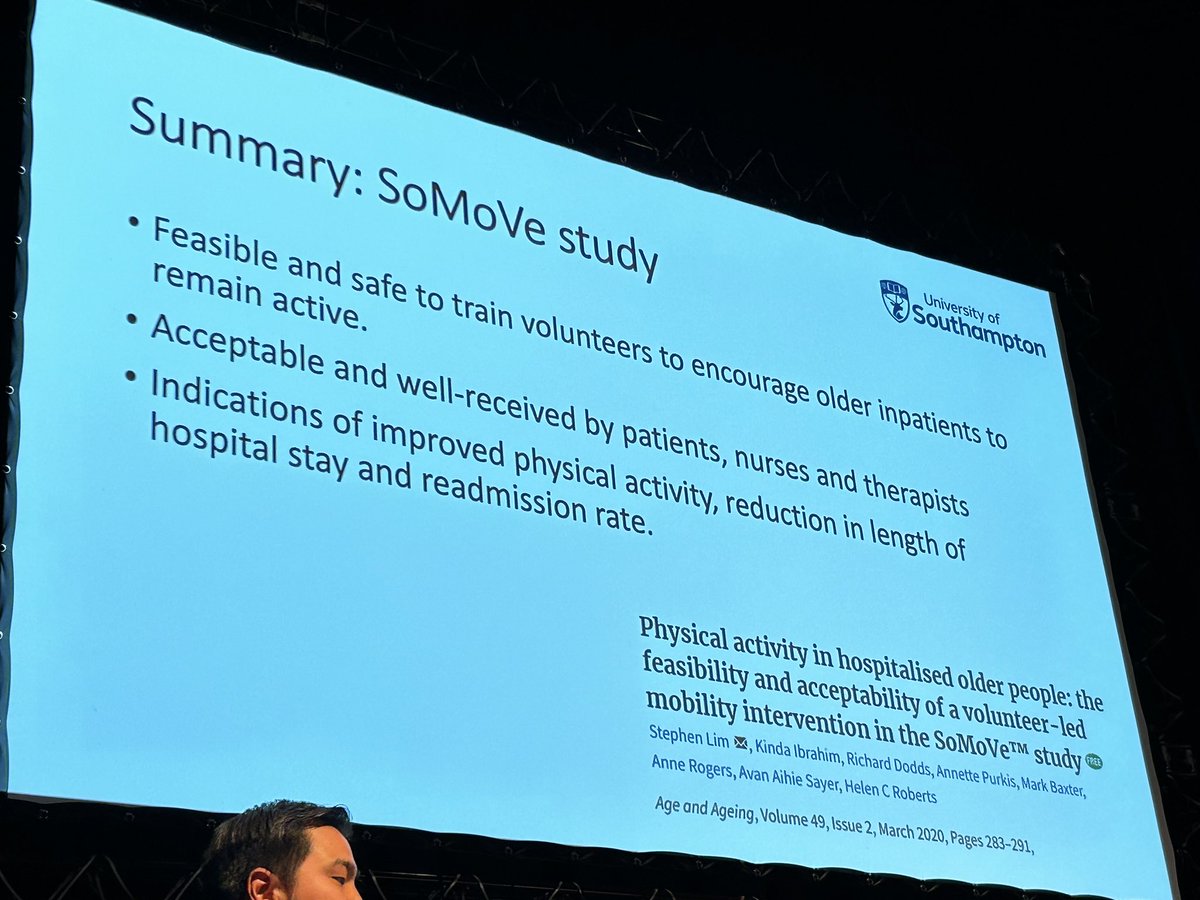 LaterLifeTrain's tweet image. Getting movement in hospital embedded with help of volunteers seems to have a positive effect on length of stay. Feasibility study about to be taken to RCT - keep an eye on this BGS Rising ⭐️ @StephenERLim @AvanSayer #BGSconf supporting pts with prompted movement #endpjparalysis