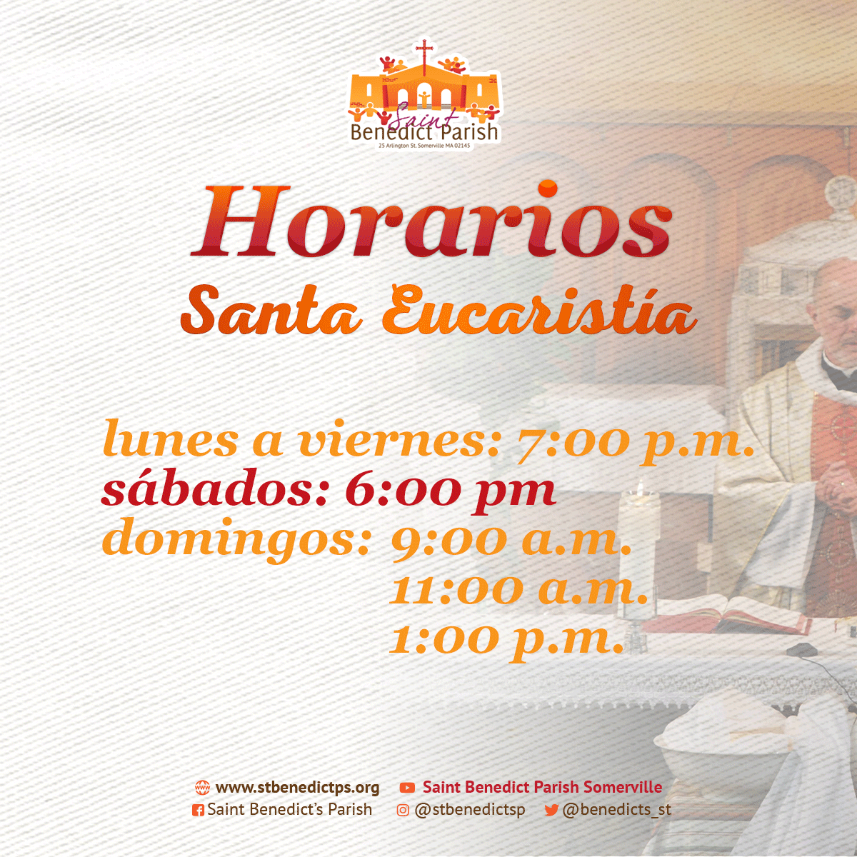 Ven y acompáñanos para tener un momento de cercanía, adoración y perdón con Jesús Eucaristía.
¡Te esperamos! #SantaEucaristía #JesúsEucaristía #HorariosDeMisa #Adoración #Perdón #StBenedict #Somerville #Boston