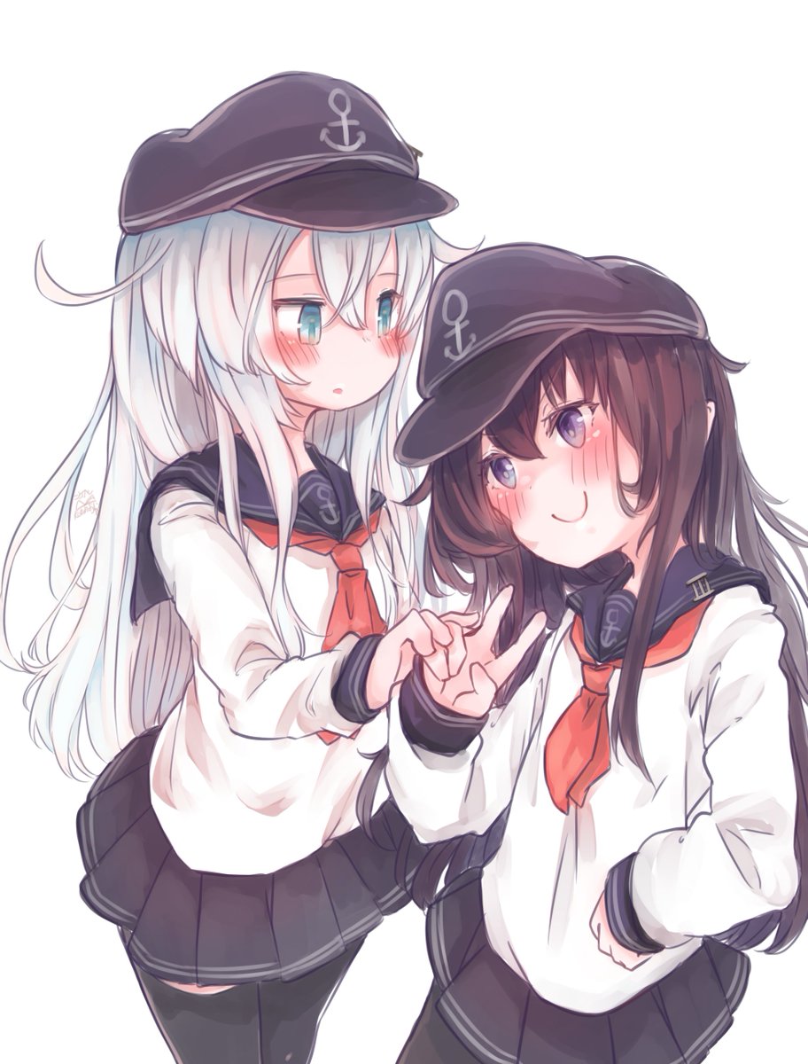 akatsuki (kancolle) ,hibiki (kancolle) multiple girls 2girls long hair hat school uniform serafuku skirt  illustration images